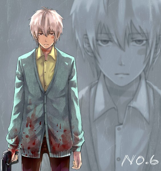 Anime picture 1542x1633 with no.6 studio bones shion (no.6) zxs1103 single tall image short hair red eyes white hair grey background facial mark zoom layer face paint boy weapon gun blood pants sweater