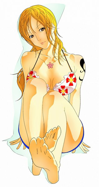 Anime picture 529x1000 with one piece toei animation nami (one piece) sungi single long hair tall image looking at viewer simple background blonde hair white background sitting barefoot orange eyes tattoo girl pendant toes bikini top