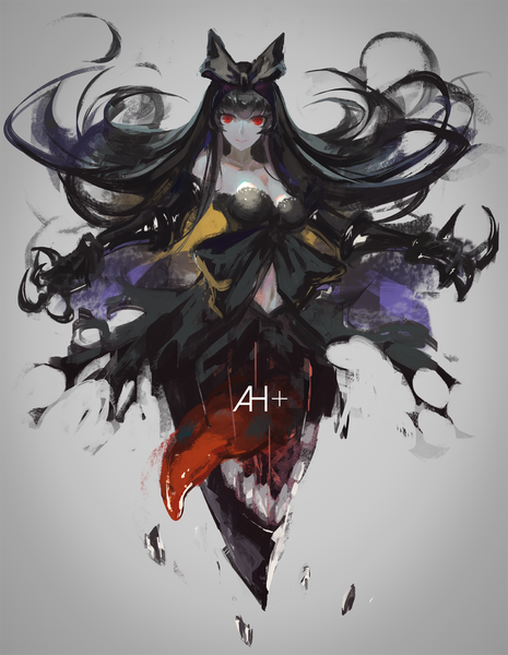 Anime picture 1100x1420 with kantai collection seaplane tender hime hkj0230 (cc) single tall image looking at viewer fringe breasts open mouth black hair simple background red eyes bare shoulders cleavage very long hair wind grey background bare belly shadow torn clothes