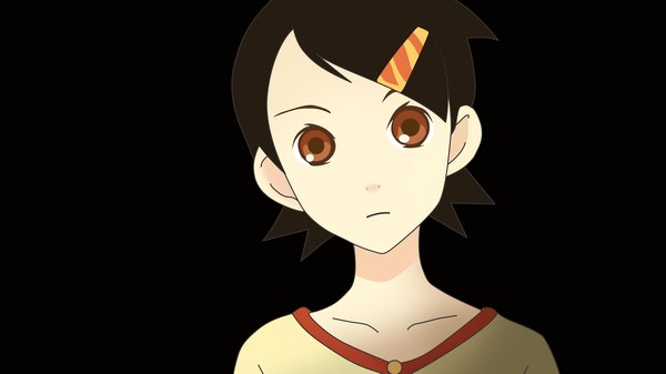 Anime picture 6000x3375 with sayonara zetsubou sensei shaft (studio) fuura kafuka single looking at viewer highres short hair black hair wide image brown eyes black background girl hair ornament hairclip