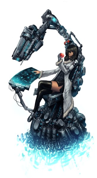 Anime picture 1500x2741 with original ishutani (artist) single tall image looking at viewer short hair black hair simple background white background sitting brown eyes long sleeves mechanical mechanical parts girl thighhighs skirt black thighhighs coat apple