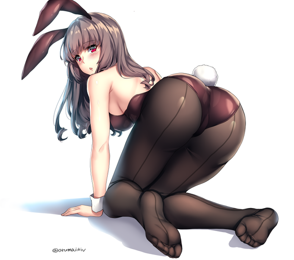 Anime picture 800x707 with original aruma jiki single long hair looking at viewer blush fringe breasts open mouth light erotic simple background red eyes white background bare shoulders signed animal ears full body bent knee (knees) ass tail