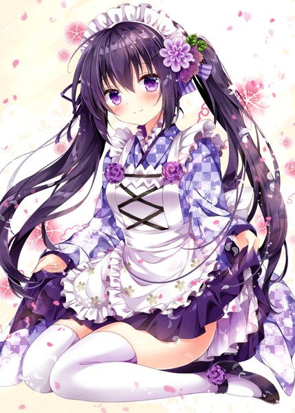 Anime picture 600x839 with gochuumon wa usagi desu ka? white fox tedeza rize nogi takayoshi single long hair tall image looking at viewer blush light erotic smile sitting purple eyes twintails purple hair ahoge traditional clothes head tilt floral print skirt lift