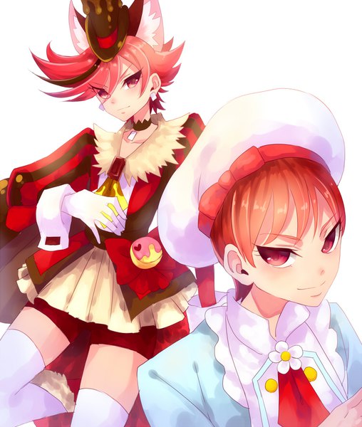 Anime picture 750x885 with precure kirakira precure a la mode toei animation kenjou akira cure chocolat yuki (yukillust) tall image looking at viewer fringe short hair simple background smile hair between eyes red eyes white background animal ears red hair head tilt smirk girl