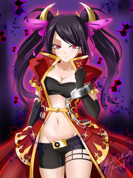 Anime picture 1600x2133 with brave frontier (game) elsa (brave frontier) kimmy77 single long hair tall image light erotic black hair smile red eyes twintails girl gloves navel hair ornament black gloves elbow gloves shorts insect short shorts