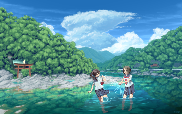 Anime picture 1920x1200 with original shapoco long hair highres short hair open mouth brown hair multiple girls brown eyes sky cloud (clouds) bent knee (knees) depth of field partially submerged side ponytail see-through silhouette girl skirt uniform 2 girls