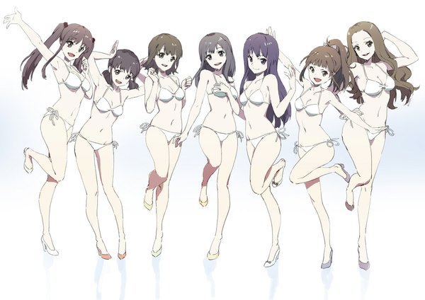 イラスト 1052x744 と ウェイクアップガールズ 岡本未夕 hayashida airi 片山実波 hisami nanami 菊間夏夜 七瀬佳乃 島田真夢 汁 長髪 カメラ目線 短い髪 開いた口 light erotic simple background 笑顔 茶色の髪 白背景 ツインテール 紫目