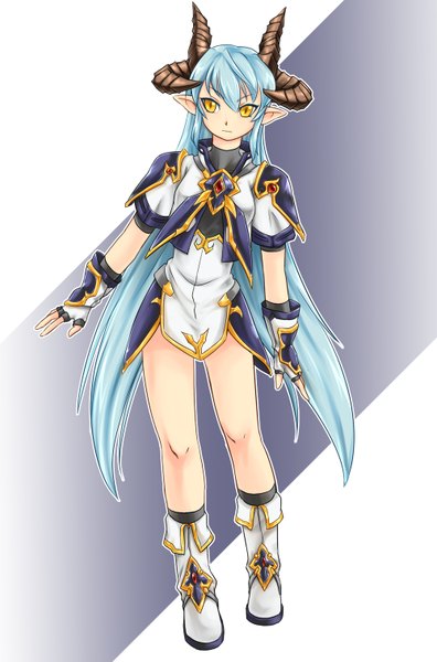 Anime picture 1000x1514 with original nam (valckiry) single tall image yellow eyes blue hair very long hair horn (horns) pointy ears girl gloves shoes