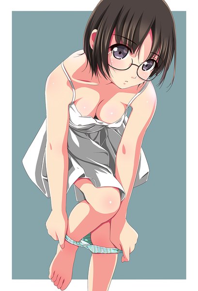 Anime picture 800x1173 with original matsunaga kouyou single tall image short hair breasts light erotic black hair grey eyes pantyshot girl dress underwear panties glasses sundress