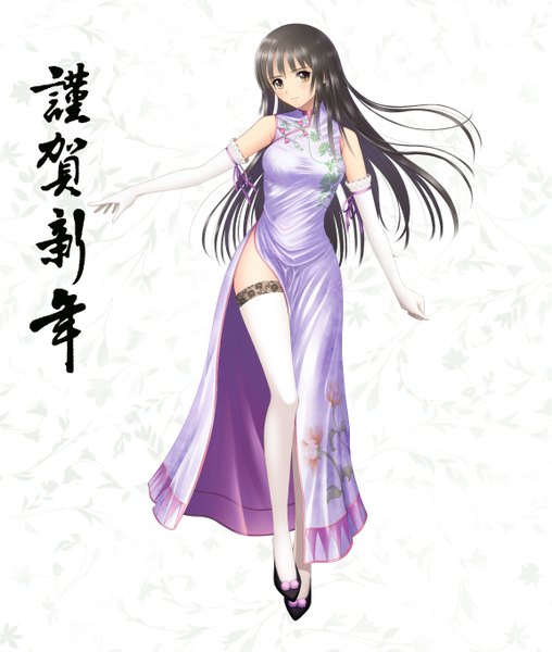 Anime picture 2302x2718 with original ltt challenger single long hair tall image highres black hair simple background white background brown eyes chinese clothes girl thighhighs gloves white thighhighs elbow gloves chinese dress