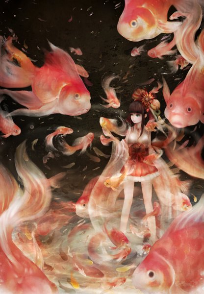 Anime picture 2000x2880 with original zhang xiao bo single long hair tall image highres blue eyes black hair looking away long sleeves dark background girl hair ornament animal fish (fishes)