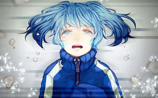Anime picture 1000x619 with kagerou project shaft (studio) ene (kagerou project) naguri looking at viewer short hair open mouth blue eyes simple background wide image twintails blue hair grey background tears crying girl sweater