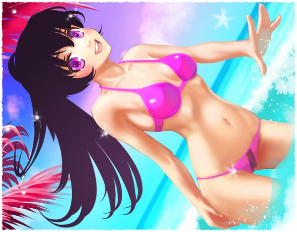 Anime picture 1091x854 with original oceans-art single long hair looking at viewer open mouth black hair smile bare shoulders ponytail pink eyes midriff girl navel swimsuit bikini sea