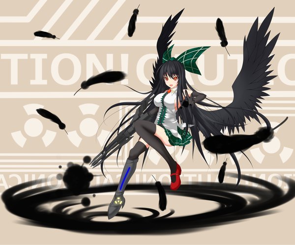 Anime picture 2000x1666 with touhou reiuji utsuho gmot single long hair highres open mouth black hair red eyes arm cannon girl thighhighs skirt gloves bow weapon black thighhighs hair bow miniskirt shirt