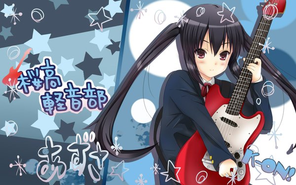 Anime picture 1920x1200 with k-on! kyoto animation nakano azusa long hair blush highres black hair wide image twintails brown eyes guitar