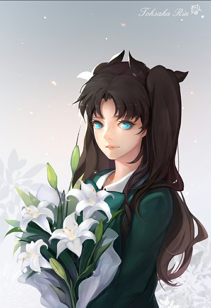 Anime picture 695x1014 with fate (series) fate/stay night type-moon toosaka rin durame single long hair tall image looking at viewer blue eyes black hair girl flower (flowers) bow hair bow bouquet