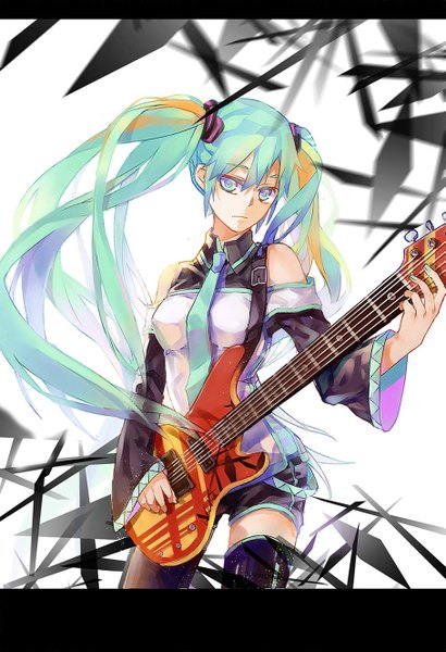 Anime picture 907x1326 with vocaloid hatsune miku momozi (mkingnight) single long hair tall image looking at viewer blush twintails bare shoulders aqua eyes aqua hair letterboxed serious girl thighhighs musical instrument guitar