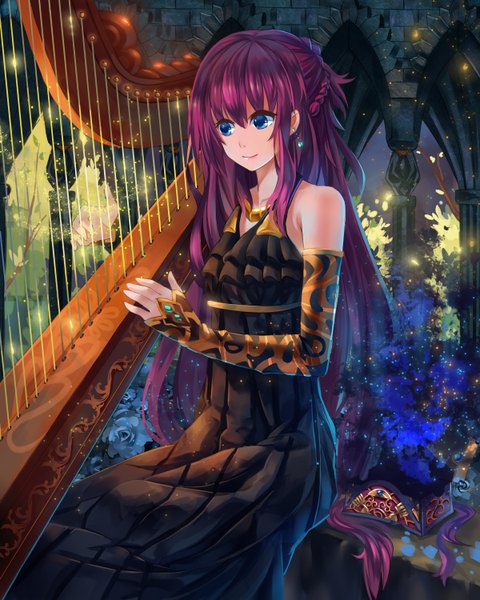 Anime picture 1200x1500 with original tsubasa19900920 single long hair tall image blue eyes sitting purple hair light smile lips happy playing instrument girl dress flower (flowers) plant (plants) earrings black dress musical instrument arch