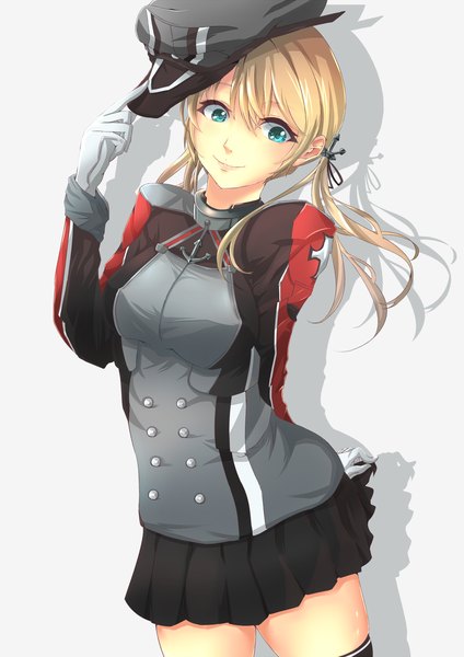 Anime picture 1000x1414 with kantai collection prinz eugen (kantai collection) endou (zettai bluenoid) single long hair tall image looking at viewer fringe simple background blonde hair smile standing white background twintails pleated skirt aqua eyes shadow girl thighhighs skirt