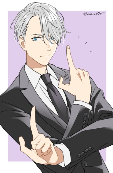 Anime picture 786x1200 with yuri!!! on ice mappa viktor nikiforov natsuko (bluecandy) single tall image fringe short hair blue eyes simple background silver hair upper body hair over one eye crossed arms serious purple background formal boy necktie