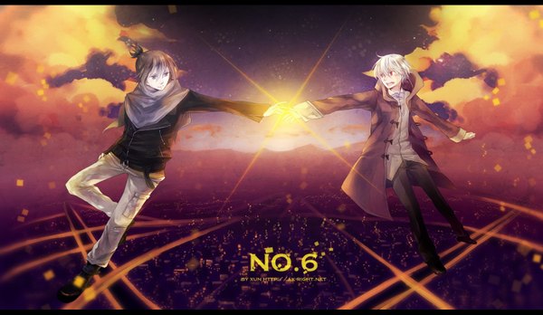 Anime picture 1600x930 with no.6 studio bones nezumi (no.6) shion (no.6) hoon (artist) short hair black hair red eyes wide image cloud (clouds) white hair tail sunlight holding hands cityscape scenic weightlessness boy jacket scarf