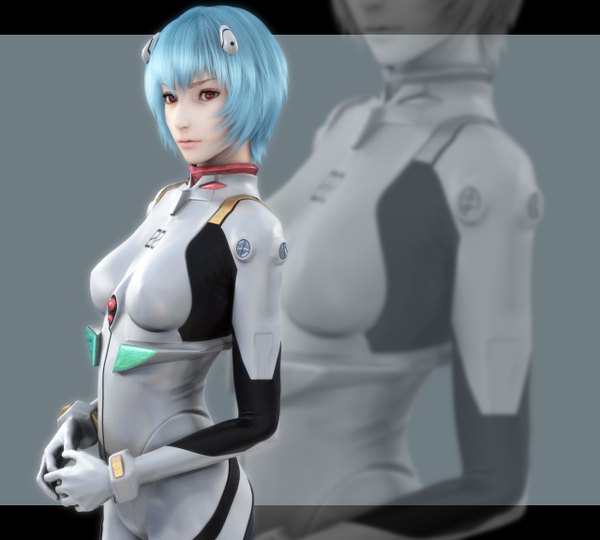 Anime picture 1280x1152 with neon genesis evangelion gainax ayanami rei ikedan short hair red eyes blue hair lips realistic zoom layer 3d girl pilot suit