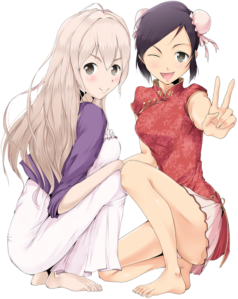 Anime picture 1401x1759 with solru (tyappygain) long hair tall image blush short hair open mouth black hair blonde hair smile multiple girls brown eyes one eye closed barefoot wink legs victory chinese clothes transparent background girl dress