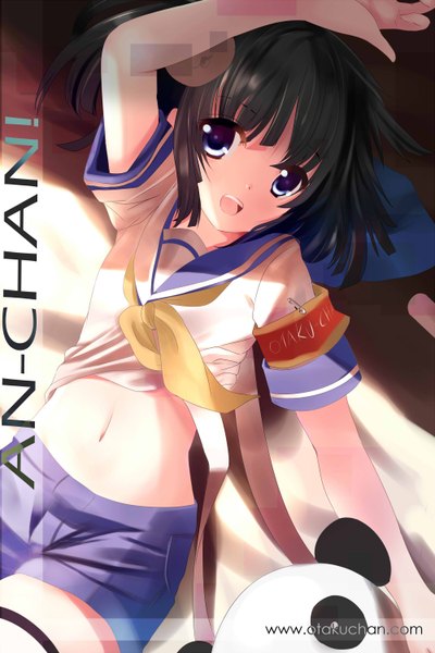Anime picture 2000x3000 with original an-chan xephonia single tall image highres short hair open mouth blue eyes black hair smile inscription midriff loli girl navel uniform school uniform shorts