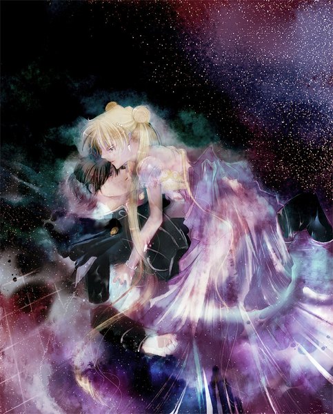 Anime picture 825x1025 with bishoujo senshi sailor moon toei animation princess serenity prince endymion dolcexxx long hair tall image short hair black hair blonde hair twintails lying hair bun (hair buns) couple hug dark background face to face girl dress boy