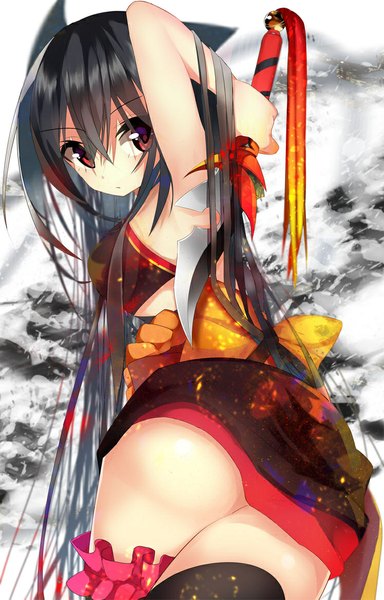 Anime picture 748x1169 with original asaki yukiko nekoboshi sakko single long hair tall image looking at viewer fringe breasts light erotic black hair large breasts holding brown eyes animal ears looking back from behind cat ears girl thighhighs