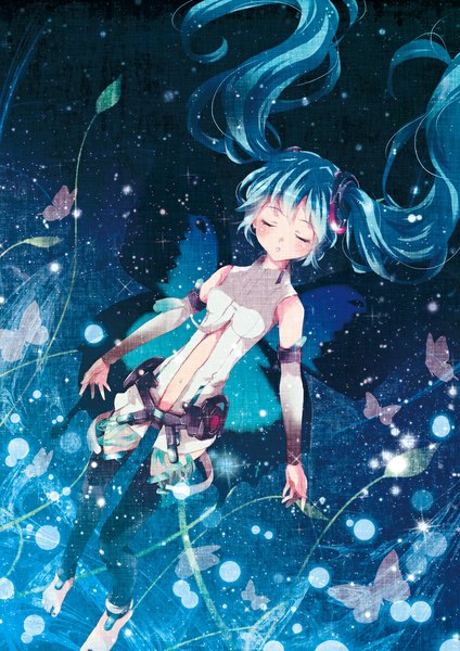 Anime picture 707x1000 with vocaloid vocaloid append hatsune miku hatsune miku (append) tottsuan single long hair tall image blush fringe breasts twintails bent knee (knees) eyes closed barefoot fingernails glow girl navel insect