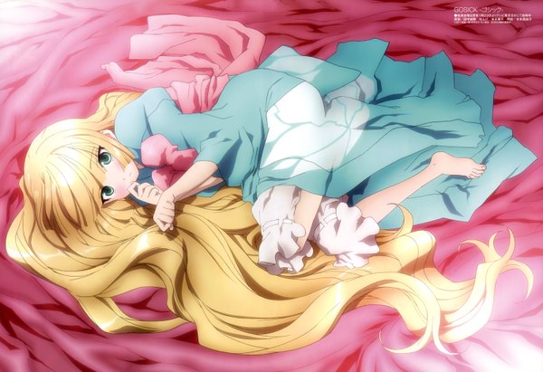 Anime picture 5952x4086 with gosick studio bones megami magazine victorique de blois long hair highres blonde hair green eyes absurdres lying japanese clothes barefoot official art loli girl bow kimono