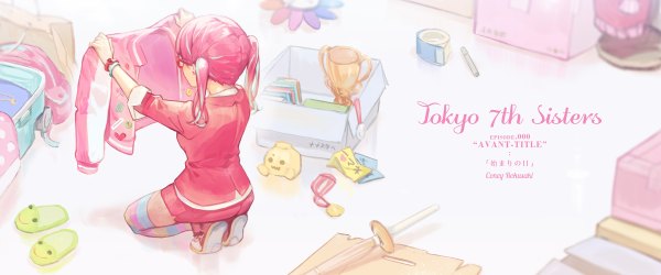 Anime picture 1200x500 with tokyo 7th sisters rokusaki coney ekao single long hair wide image twintails pink hair from above from behind copyright name character names kneeling girl weapon earrings sword glasses shoes clothes