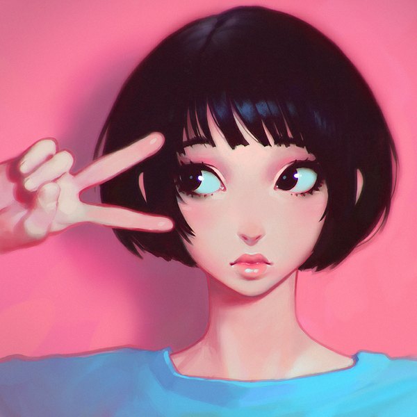 Anime picture 900x900 with original ilya kuvshinov single short hair black hair simple background looking away black eyes victory pink background girl blouse