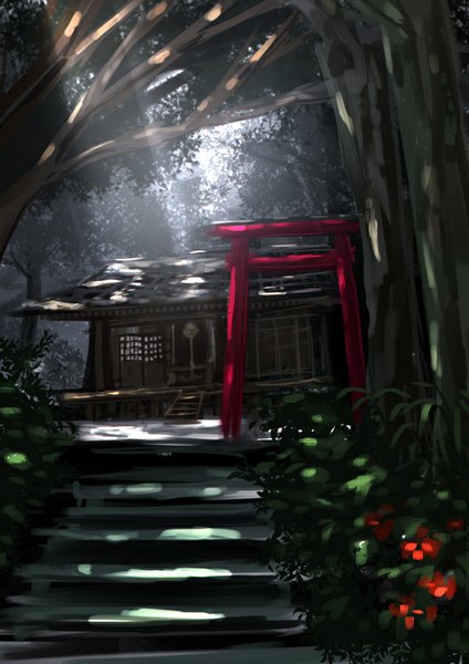 Anime picture 636x900 with original ryosios tall image sunlight no people sunbeam plant (plants) tree (trees) leaf (leaves) building (buildings) forest stairs torii house