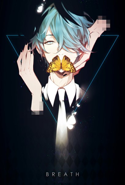 Anime picture 680x1000 with original zxs1103 single tall image looking at viewer fringe short hair blue eyes nail polish fingernails hair over one eye black background black nail polish abstract boy necktie insect butterfly