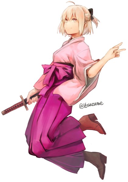 Anime picture 601x857 with fate (series) okita souji (fate) (all) okita souji (koha-ace) somemiya suzume single tall image looking at viewer fringe simple background blonde hair smile hair between eyes white background signed yellow eyes full body ahoge bent knee (knees) traditional clothes japanese clothes