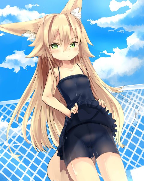 Anime picture 1920x2400 with original haik single long hair tall image looking at viewer blush highres light erotic blonde hair green eyes animal ears sky cloud (clouds) tail animal tail fox ears fox tail skirt lift girl