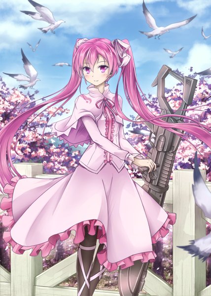 Anime picture 1000x1400 with akame ga kill! white fox mine (akame ga kill!) asakurashinji single long hair tall image blush smile twintails pink hair pink eyes girl dress ribbon (ribbons) weapon hair ribbon animal bird (birds) gun