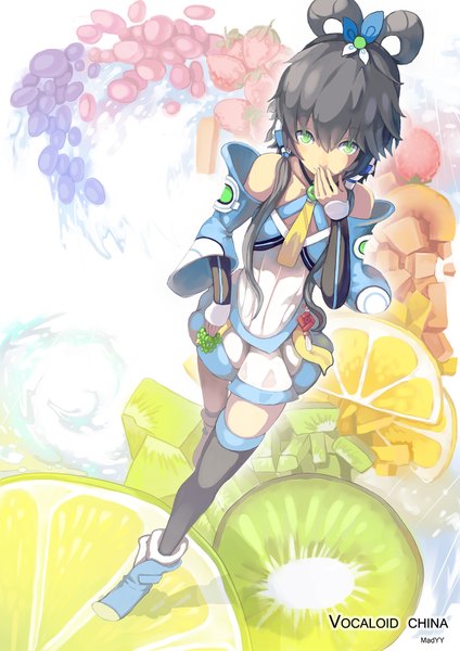 Anime picture 1240x1753 with vocaloid vocaloid china luo tianyi madyy single long hair tall image looking at viewer blush black hair twintails bare shoulders green eyes signed girl thighhighs black thighhighs detached sleeves food boots