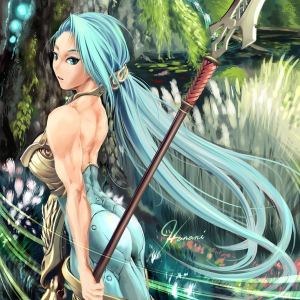 Anime picture 1500x1500 with original alf874 single long hair standing twintails bare shoulders green eyes ponytail aqua eyes from behind aqua hair back underwater nature waterfall lake plant (plants) tree (trees) water