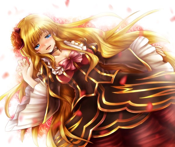 Anime picture 1200x1006 with umineko no naku koro ni beatrice uka (color noise) long hair blush blue eyes white background cleavage hair flower orange hair tears girl dress hair ornament petals