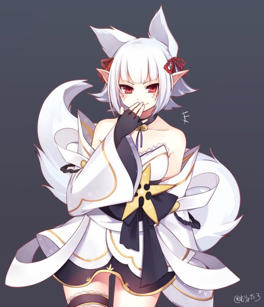 Anime picture 1030x1200 with original muryotaro single tall image looking at viewer fringe short hair smile red eyes bare shoulders signed animal ears white hair tail animal tail pointy ears wide sleeves fox ears fox tail covering