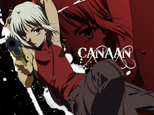 Anime picture 1024x768 with canaan type-moon canaan (character) single looking at viewer short hair grey hair armpit (armpits) grey eyes arms behind head zoom layer girl gun bag pistol