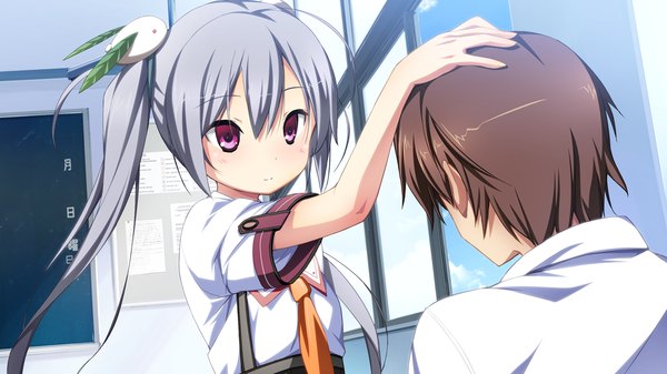 Anime picture 1280x720 with material brave giga kamine mashiro kikuchi seiji long hair short hair brown hair wide image twintails game cg pink eyes grey hair loli girl boy uniform hair ornament school uniform