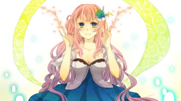 Anime picture 1200x675 with vocaloid megurine luka ichinose (sorario) long hair blush wide image green eyes pink hair hair flower girl dress hair ornament