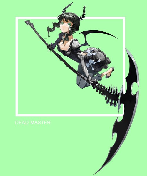 Anime picture 1012x1214 with black rock shooter dead master justminor single long hair tall image black hair green eyes cleavage horn (horns) back wavy hair looking up jumping battle girl dress bow weapon wings
