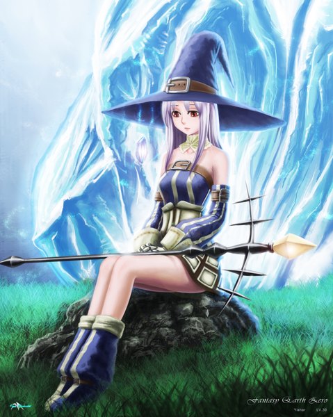 Anime picture 2800x3508 with original darkmuleth single long hair tall image highres red eyes sitting white hair witch girl dress plant (plants) detached sleeves boots grass witch hat staff crystal