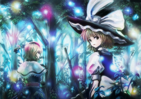 Anime picture 1200x848 with touhou kirisame marisa alice margatroid hyuuga azuri short hair blonde hair multiple girls yellow eyes profile looking back from behind girl 2 girls plant (plants) tree (trees) hairband witch hat forest