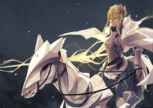 Anime picture 2970x2100 with fate (series) fate/grand order artoria pendragon (all) artoria pendragon (lancer) dun stallion el-f single long hair fringe highres blonde hair hair between eyes sitting holding green eyes signed payot looking away sparkle fur trim